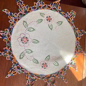 2 Vintage ecru linen bureau scarfs - oblong and round